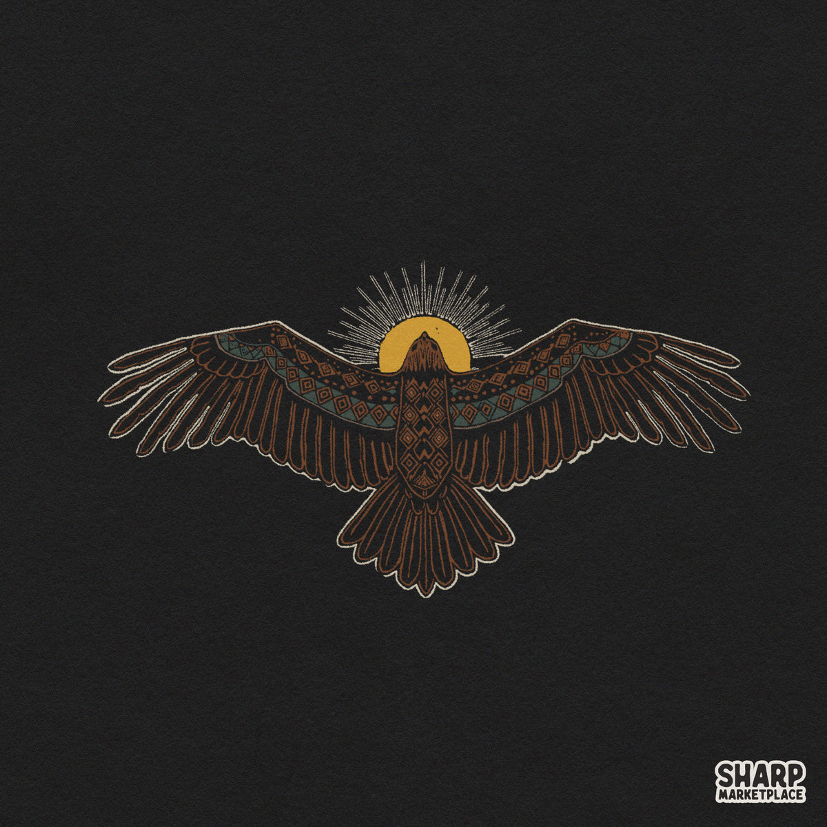 Southwestern thunderbird with geometric patterns and yellow sun retro western png for t-shirts