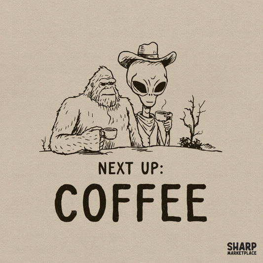 Vintage line art illustration of a furry cryptid and an alien cowboy in hats sharing coffee, with the text Next Up: Coffee in a desert setting.