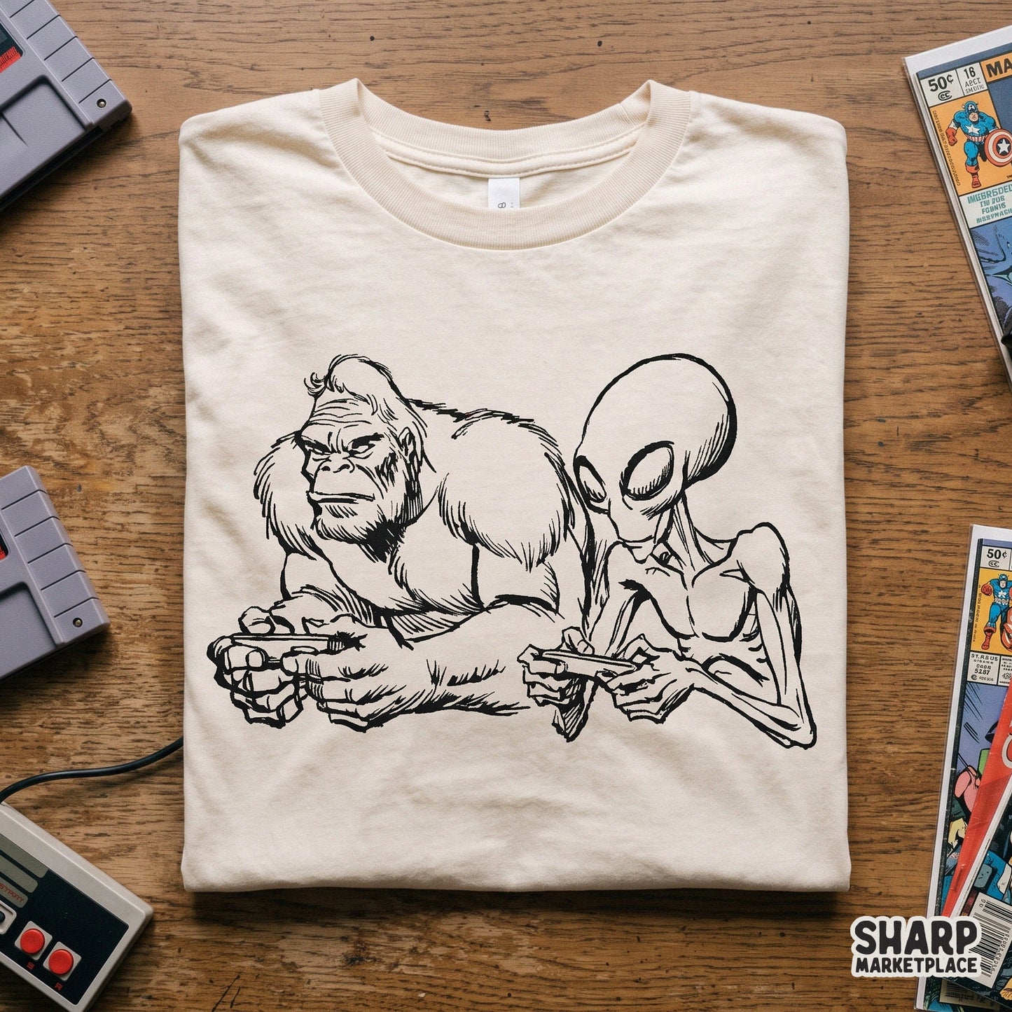 Retro vintage sketch of Bigfoot and an alien playing video games for funny gamer t-shirts and apparel sublimation