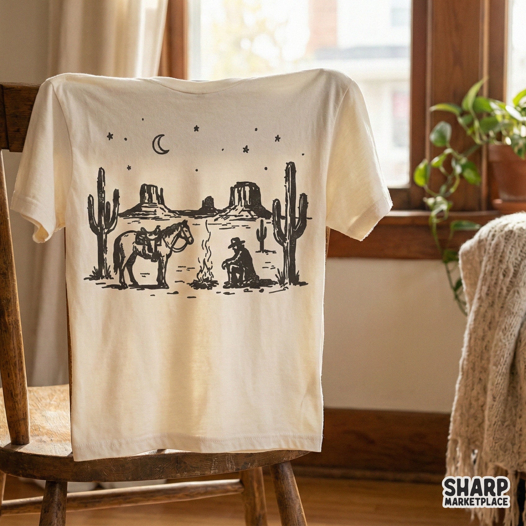 Western Desert Cowboy PNG, Campfire Scene - 300 DPI Design for T-Shirt