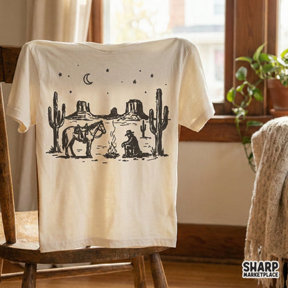 Western Desert Cowboy PNG, Campfire Scene - 300 DPI Design for T-Shirt