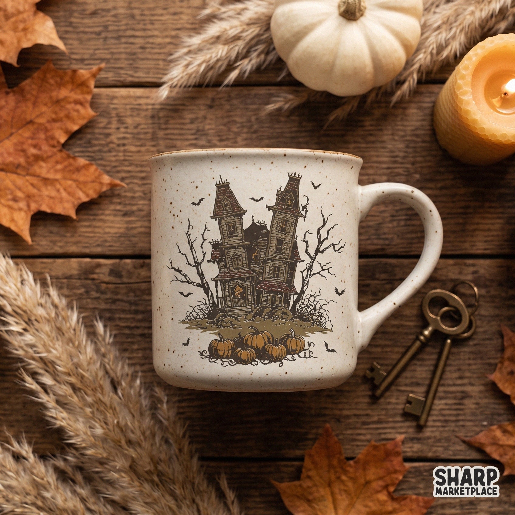 Spooky haunted house Victorian mansion graphic in a dark vintage style for Halloween sublimation png shirts