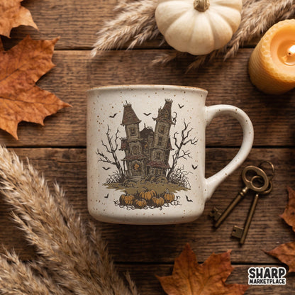 Spooky haunted house Victorian mansion graphic in a dark vintage style for Halloween sublimation png shirts