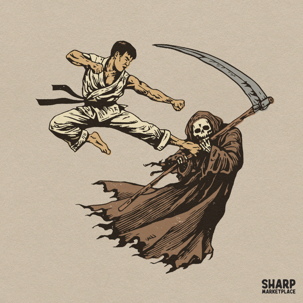 Funny karate kick to the grim reaper retro Halloween PNG design for spooky season shirts and t-shirt prints