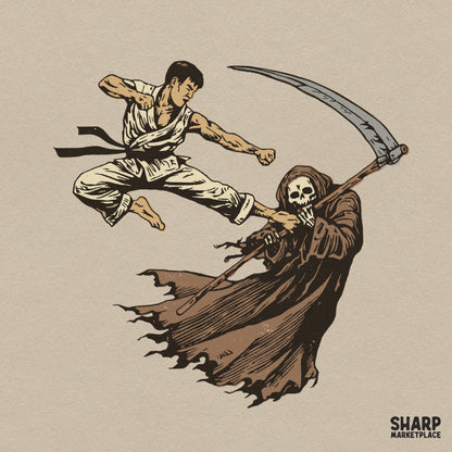 Funny karate kick to the grim reaper retro Halloween PNG design for spooky season shirts and t-shirt prints