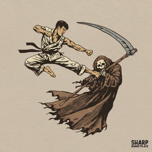 Funny karate kick to the grim reaper retro Halloween PNG design for spooky season shirts and t-shirt prints