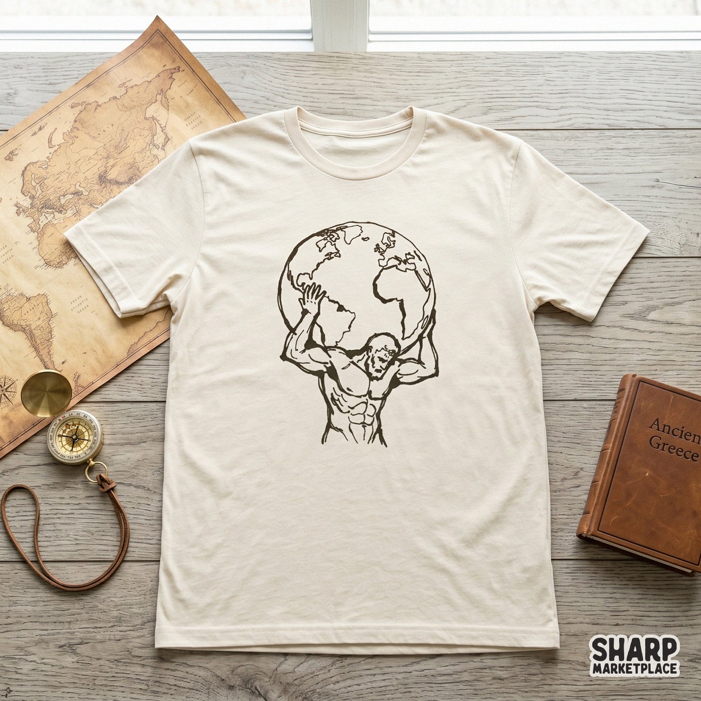 Vintage-style digital graphic of a powerful man carrying a globe, designed with intricate anatomy and rustic linework for custom shirts or posters.