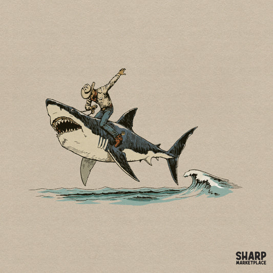 Vintage ink style illustration of a cowboy riding a great white shark jumping over an ocean wave, perfect for summer apparel and sublimation projects.