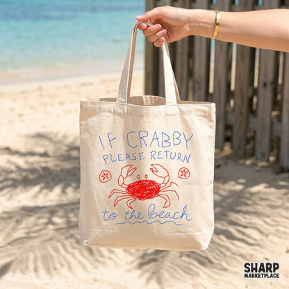 Retro-style nautical graphic featuring a red crab illustration and blue script text for summer-themed print-on-demand projects and custom wall art.