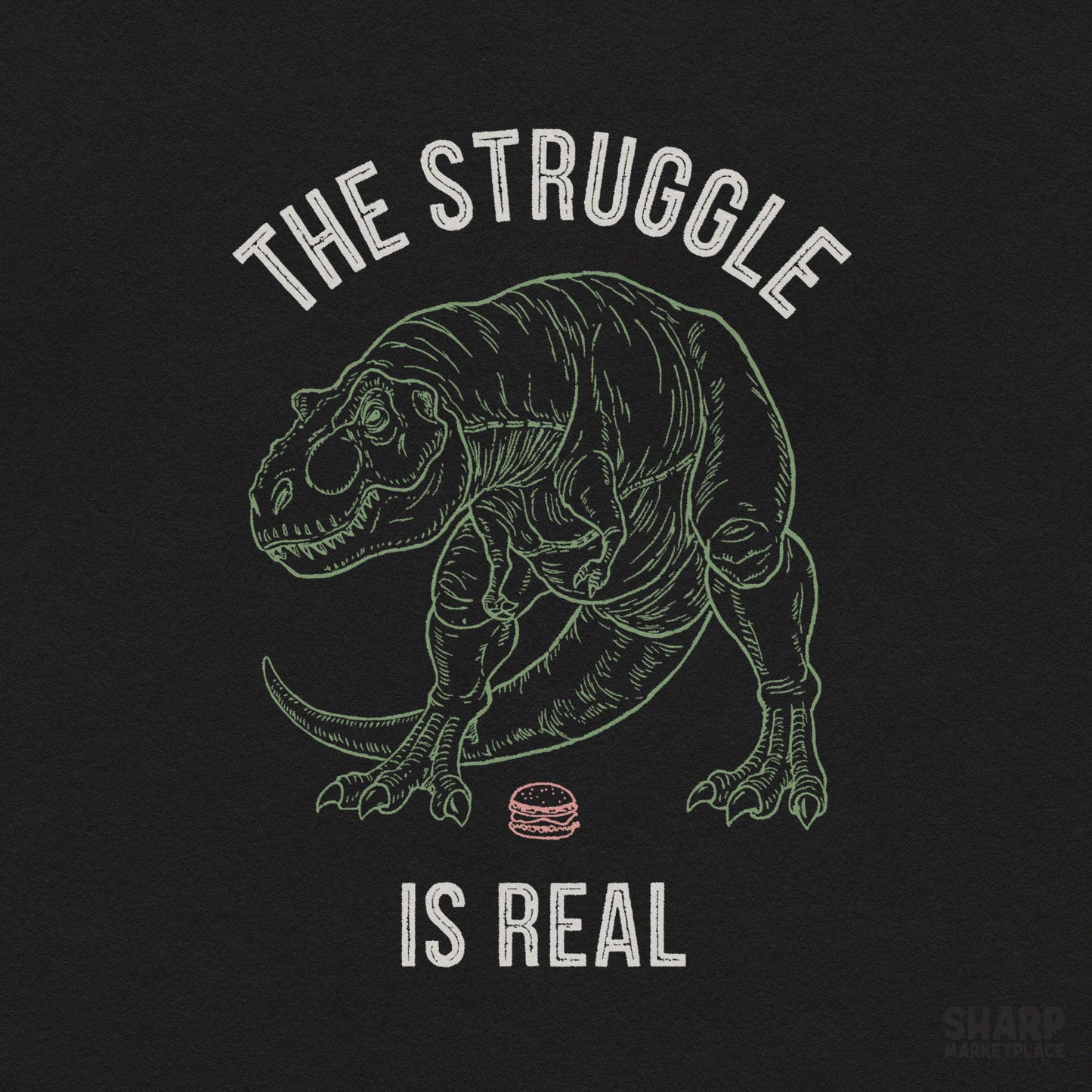 Sarcastic T-Rex dinosaur with short arms craving a burger retro funny PNG design for sublimation and apparel prints
