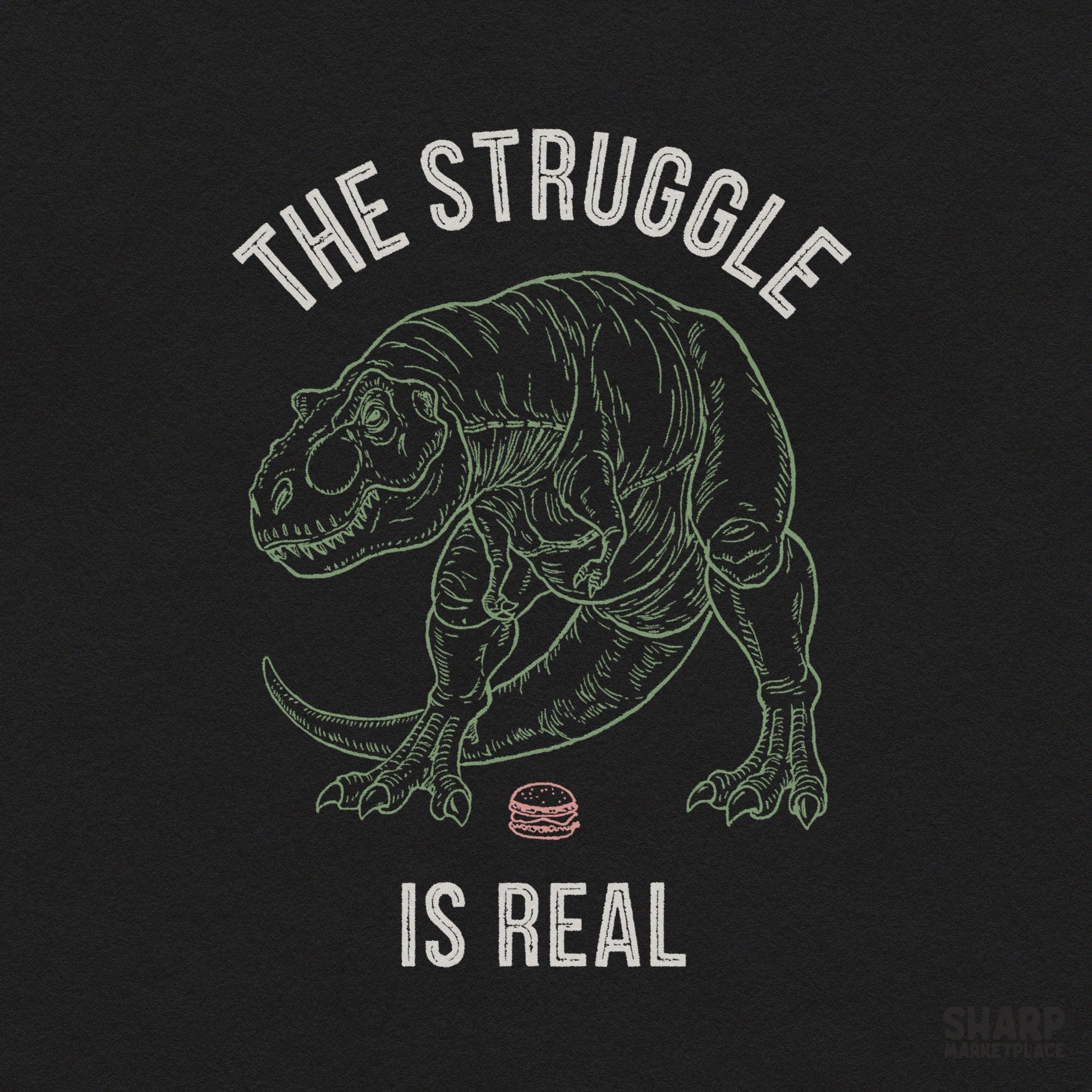 Sarcastic T-Rex dinosaur with short arms craving a burger retro funny PNG design for sublimation and apparel prints