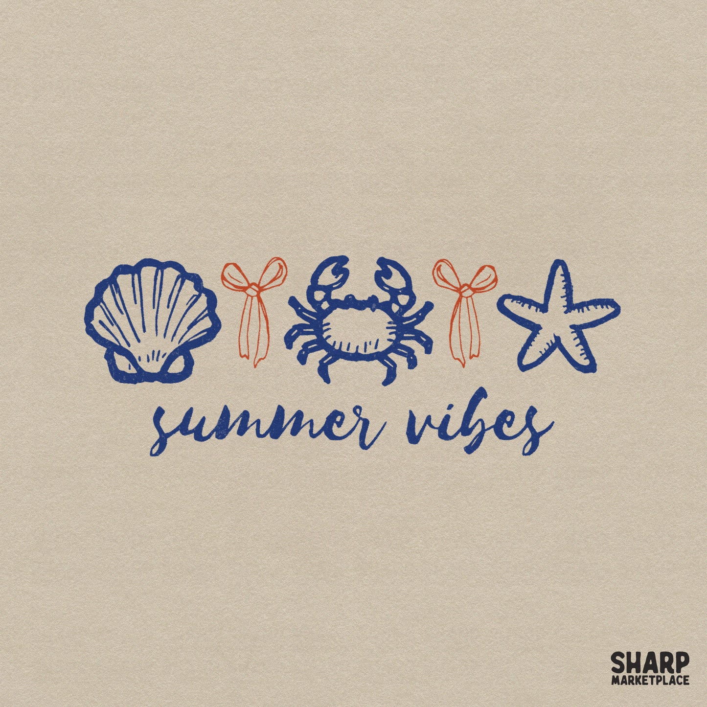 Coastal summer vibes digital design featuring a seashell, crab, and starfish in navy blue with orange bows, perfect for beach vacation t-shirts.