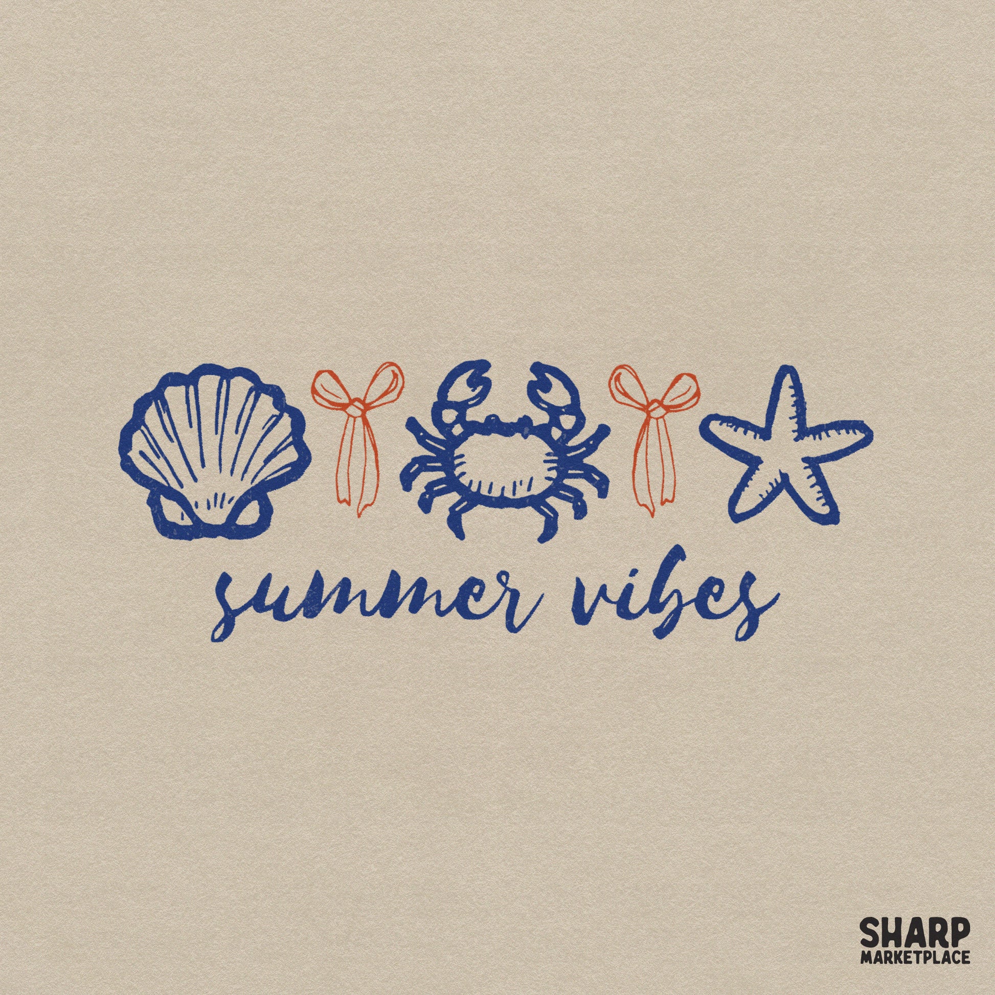 Coastal summer vibes digital design featuring a seashell, crab, and starfish in navy blue with orange bows, perfect for beach vacation t-shirts.