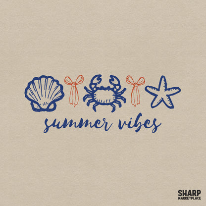 Coastal summer vibes digital design featuring a seashell, crab, and starfish in navy blue with orange bows, perfect for beach vacation t-shirts.