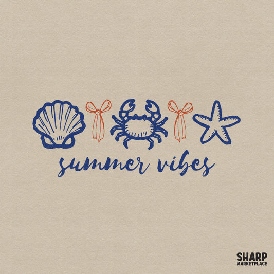 Coastal summer vibes digital design featuring a seashell, crab, and starfish in navy blue with orange bows, perfect for beach vacation t-shirts.