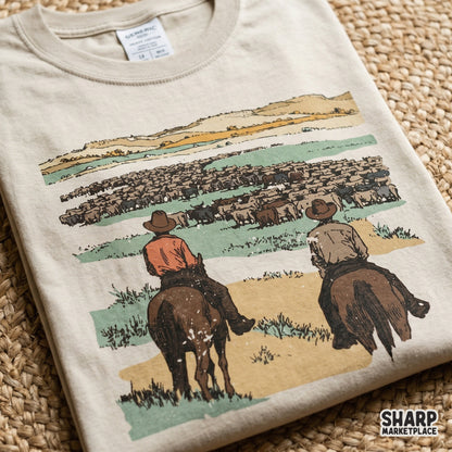 Detailed digital illustration of a frontier cattle drive with a distressed aesthetic, suitable for custom t-shirt transfers and western wall art.