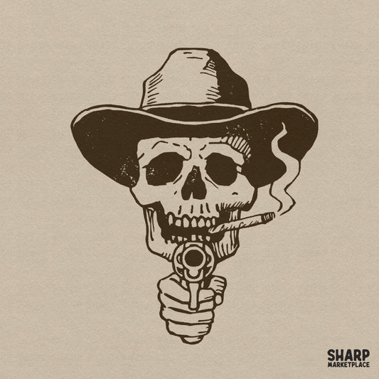 Skeleton cowboy smoking a cigar and aiming a revolver, edgy wild west outlaw skull PNG design for graphic t-shirts