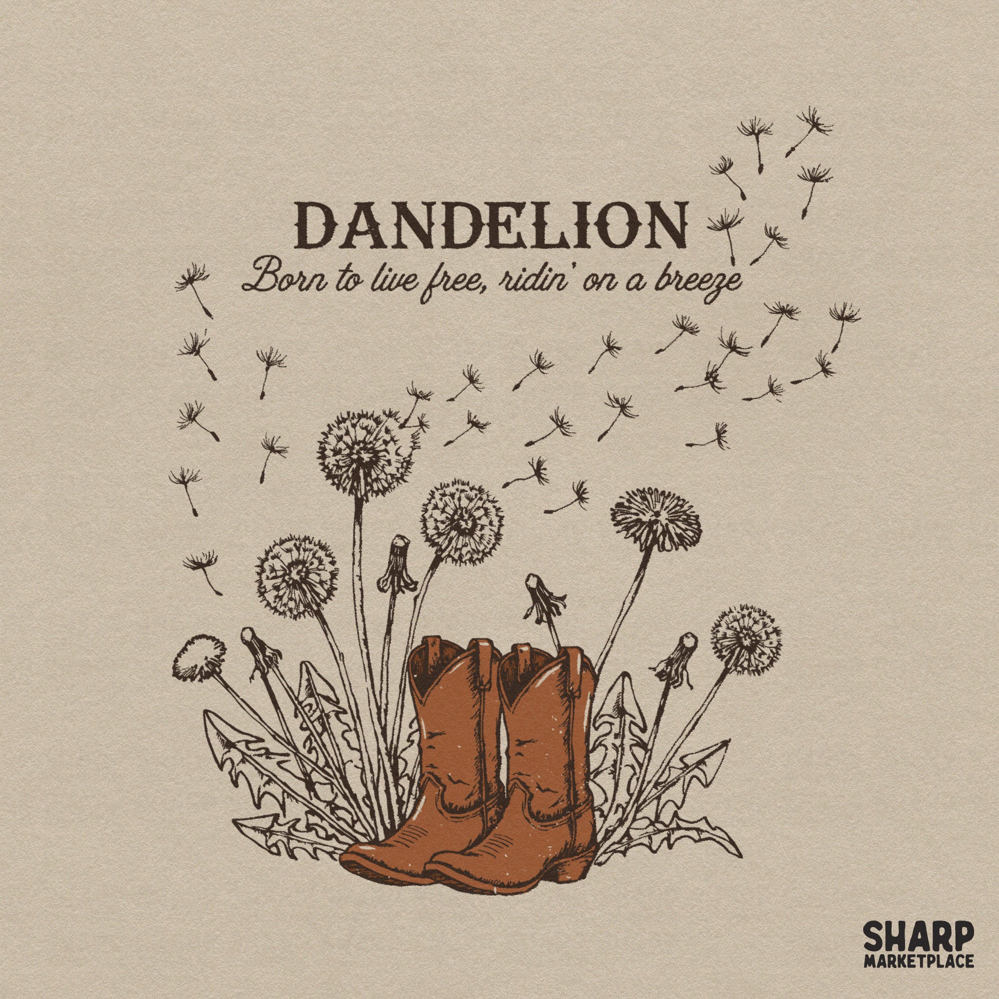 Retro dandelion and western cowboy boots graphic for country music shirts and spring sublimation designs