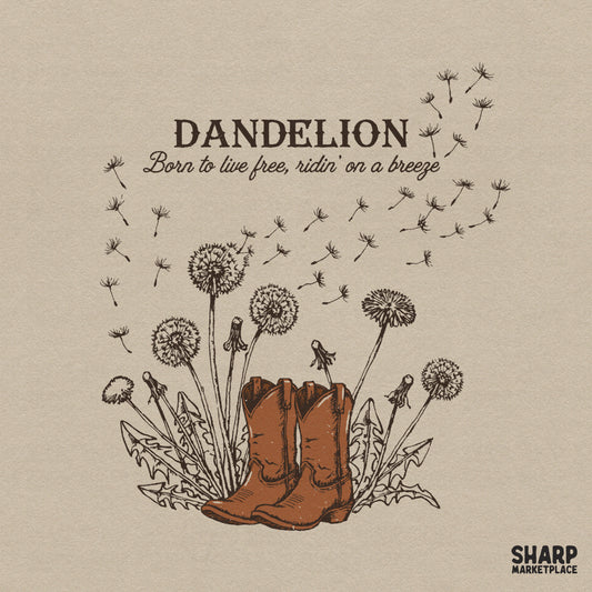 Retro dandelion and western cowboy boots graphic for country music shirts and spring sublimation designs