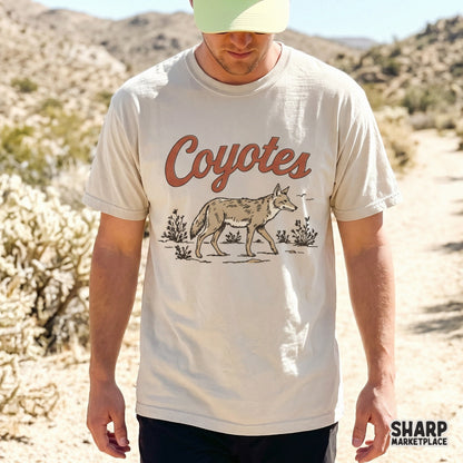 Western-themed digital graphic featuring a coyote in a desert scene with vintage typography, ideal for sublimation and DIY projects.