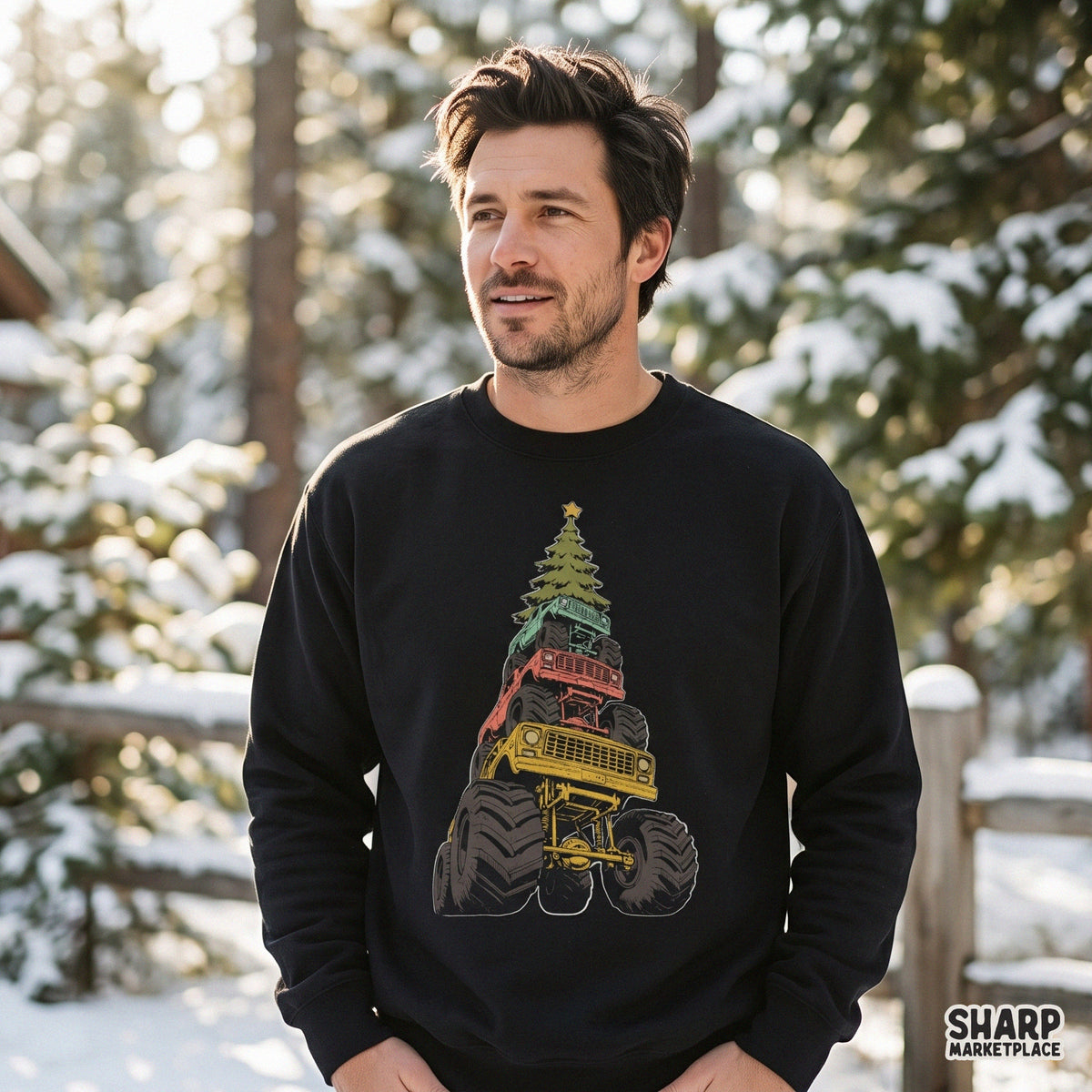Monster Trucks Stacked Holiday Tree Art, Retro Christmas
