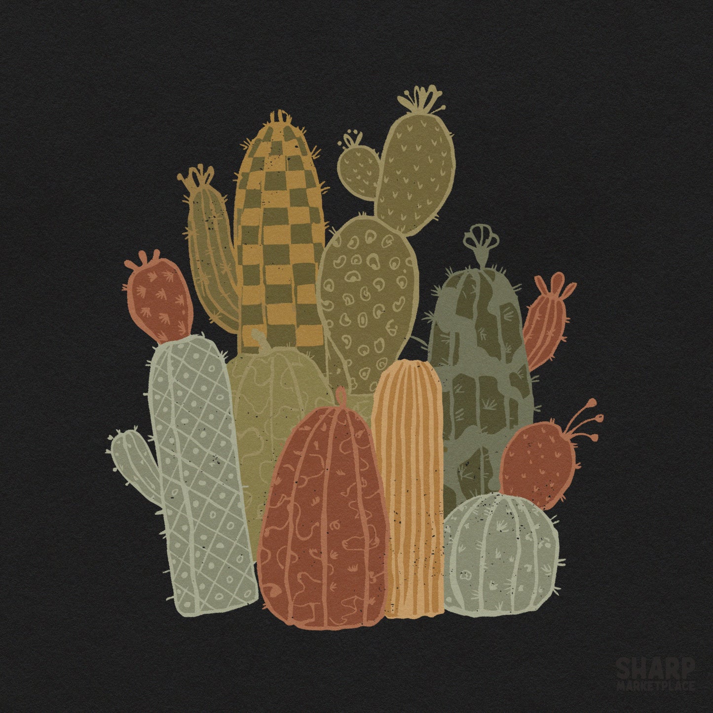 Retro checkered boho cactus garden illustration for trendy western png shirt sublimation