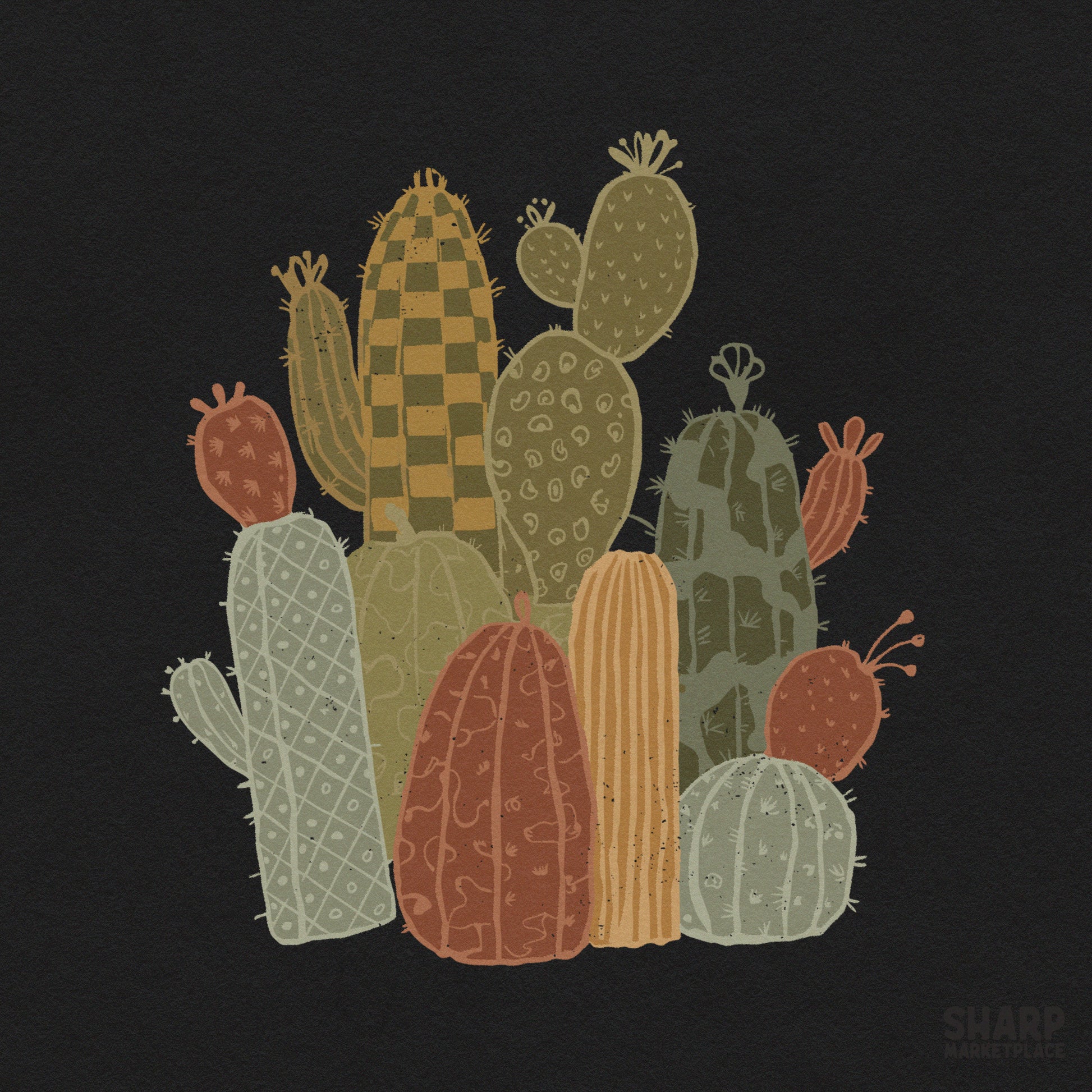 Retro checkered boho cactus garden illustration for trendy western png shirt sublimation