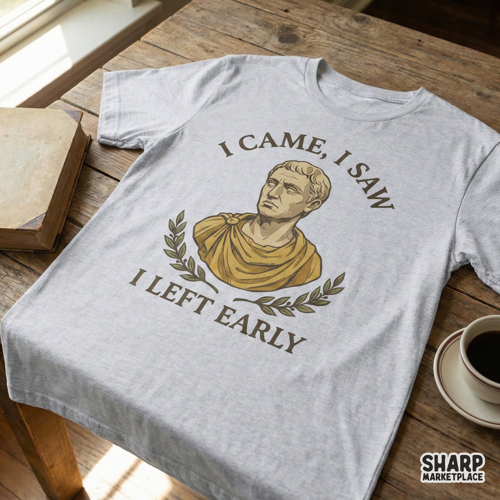 Funny sarcastic design featuring a classic Roman statue bust and laurel leaves, perfect for sublimation on t-shirts or custom apparel.