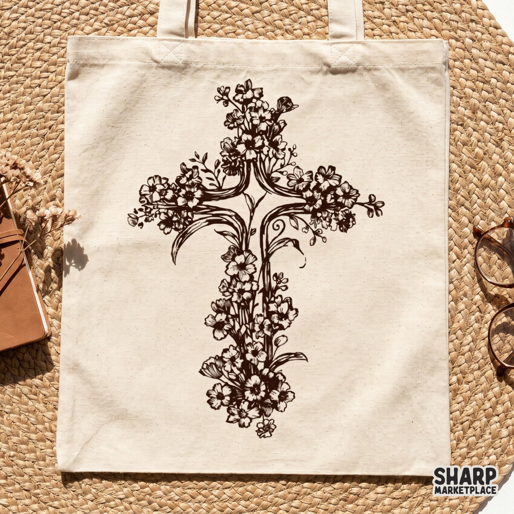 Detailed botanical cross graphic with blooming petals and organic stems, ideal for Christian-themed t-shirts, stickers, and spiritual wall art.