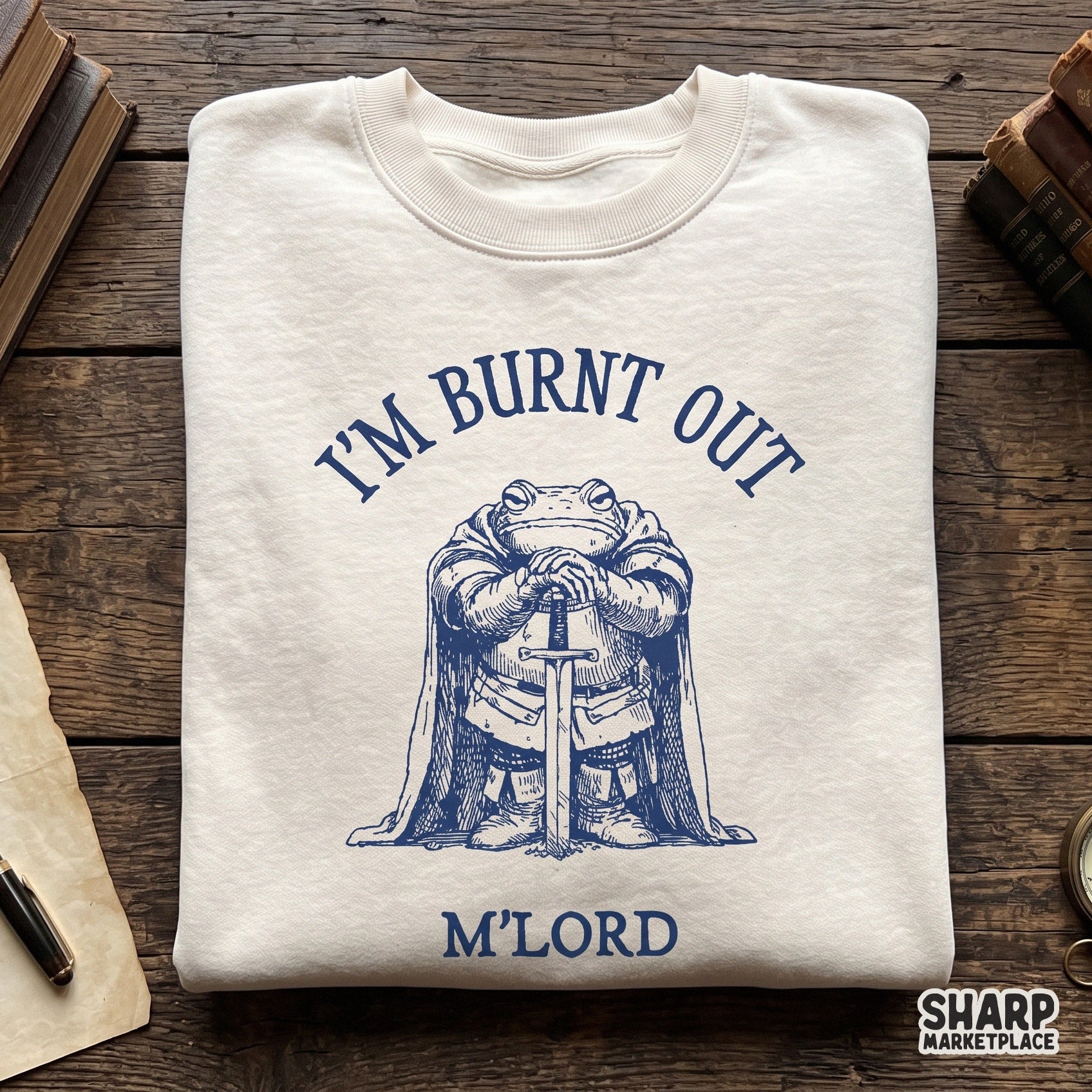 Funny medieval frog knight in armor with sarcastic I'm Burnt Out M'Lord text for retro animal meme sublimation shirts