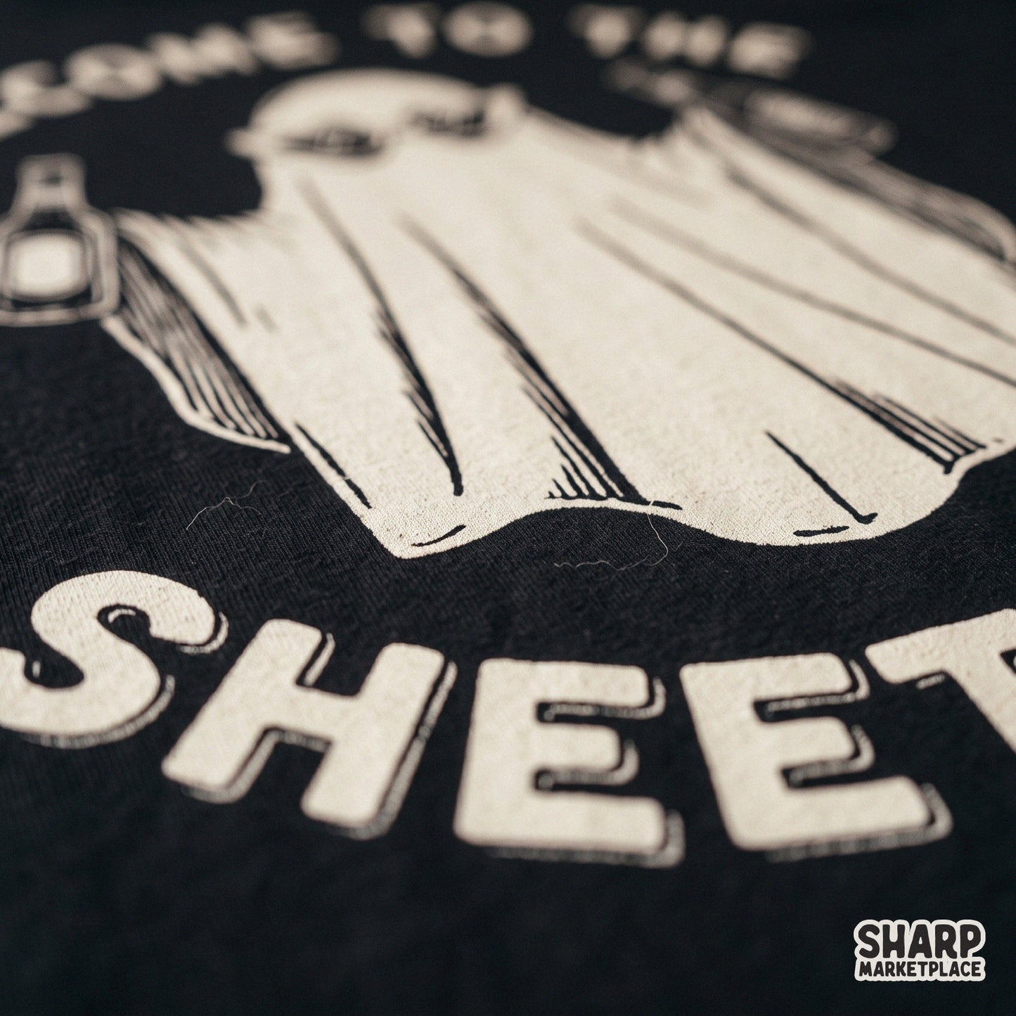 Funny retro ghost drinking beer with Welcome To The Sheet Show text for Halloween sublimation shirts and apparel design