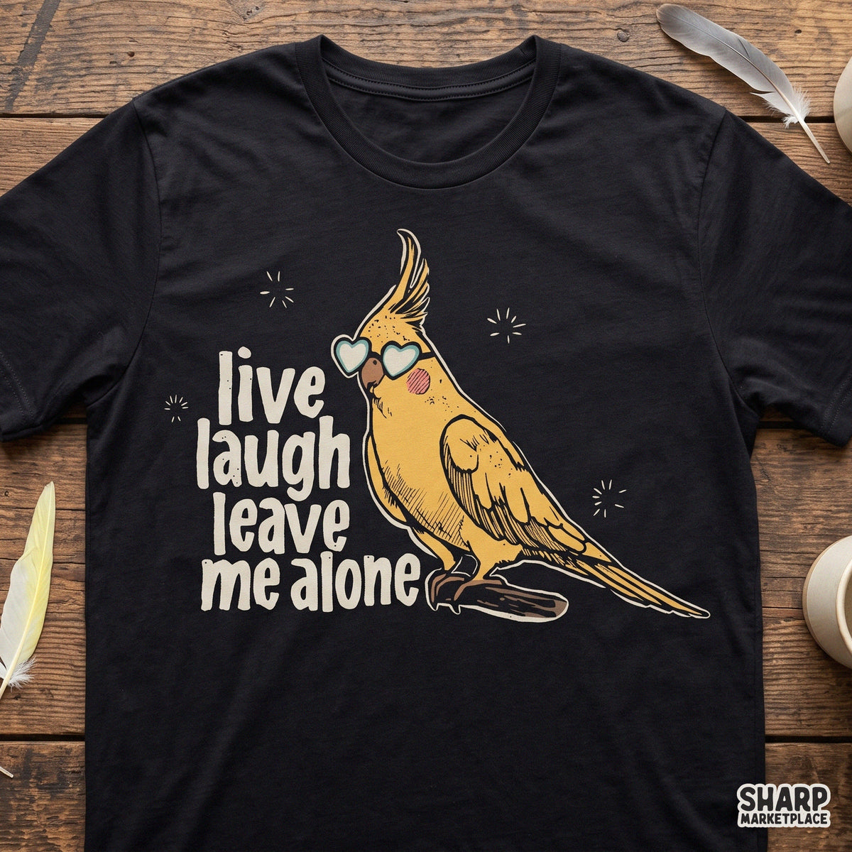 Sarcastic cockatiel bird with heart glasses PNG design featuring Live Laugh Leave Me Alone for introvert t-shirts and gifts