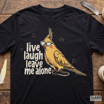 Sarcastic cockatiel bird with heart glasses PNG design featuring Live Laugh Leave Me Alone for introvert t-shirts and gifts