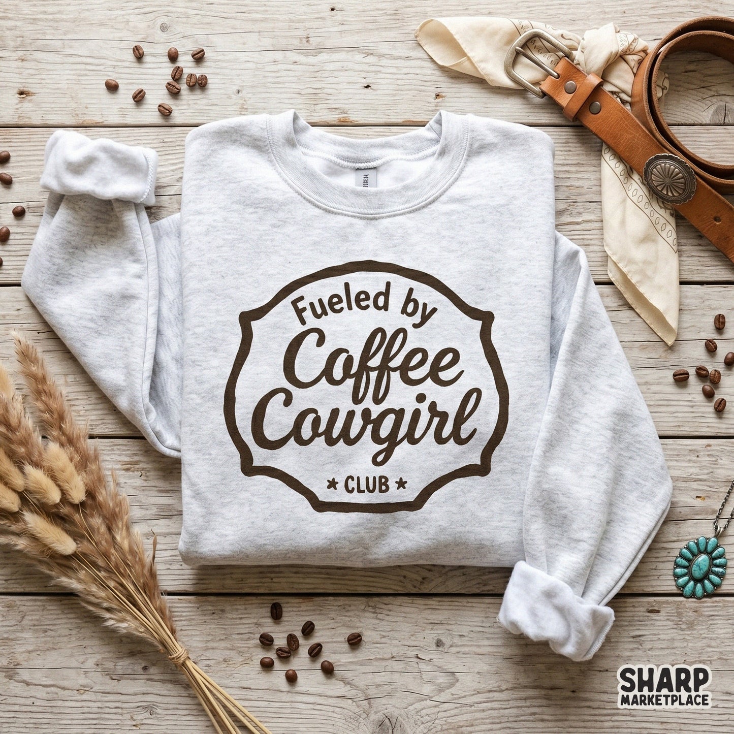 Retro western badge graphic with distressed texture and arched lettering, designed for country-style t-shirts and coffee lovers.