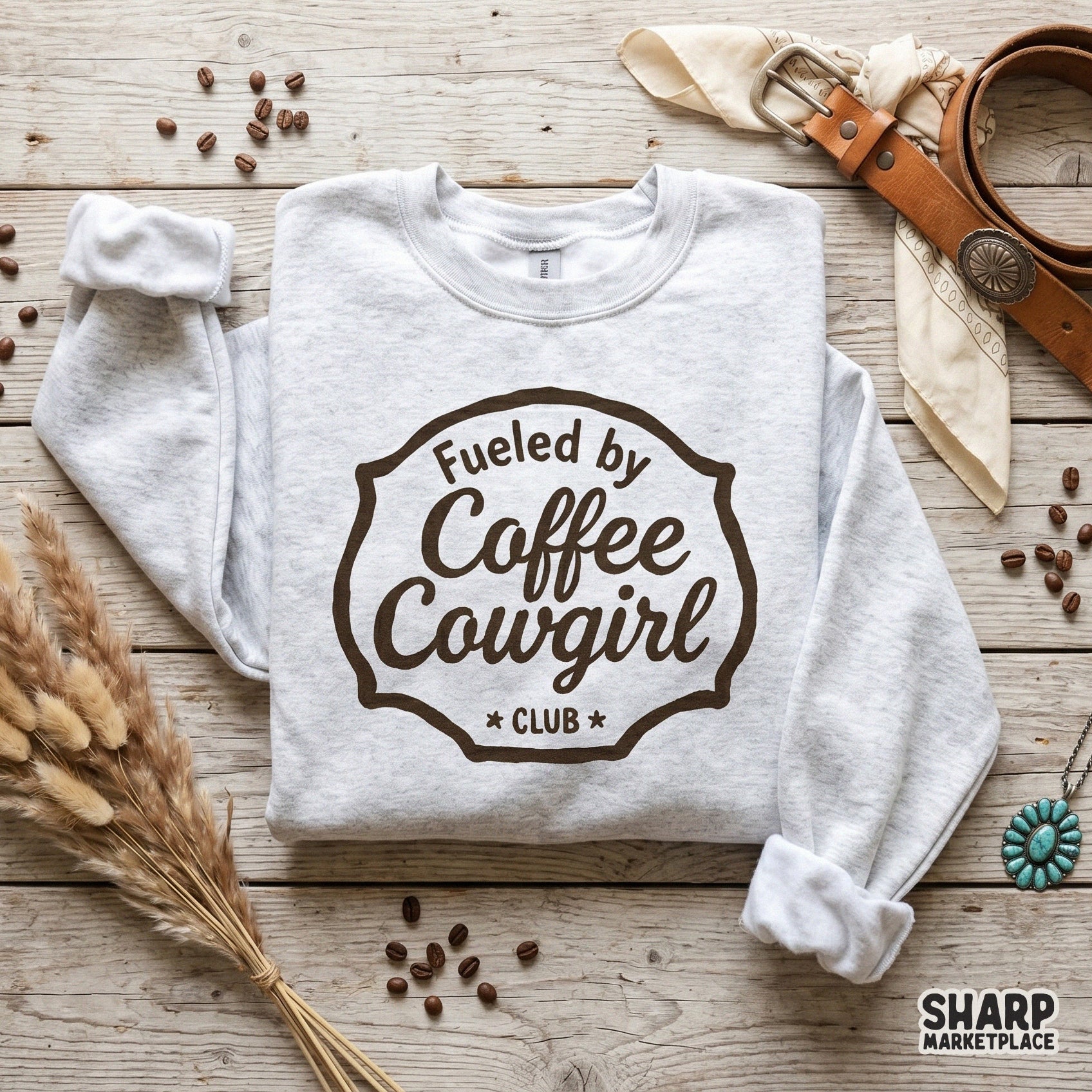 Retro western badge graphic with distressed texture and arched lettering, designed for country-style t-shirts and coffee lovers.
