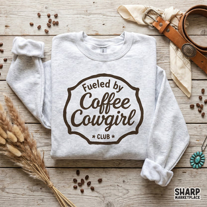 Retro western badge graphic with distressed texture and arched lettering, designed for country-style t-shirts and coffee lovers.
