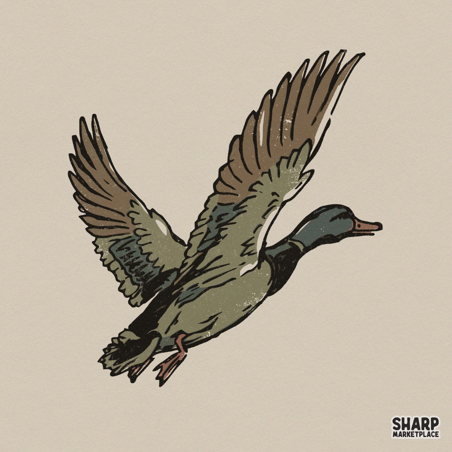 Vintage style flying mallard duck illustration with distressed textures and earthy green and brown tones for hunting apparel and outdoor projects.