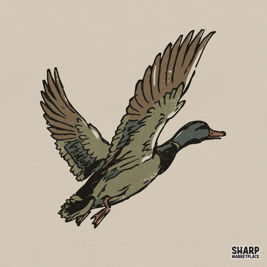 Vintage style flying mallard duck illustration with distressed textures and earthy green and brown tones for hunting apparel and outdoor projects.