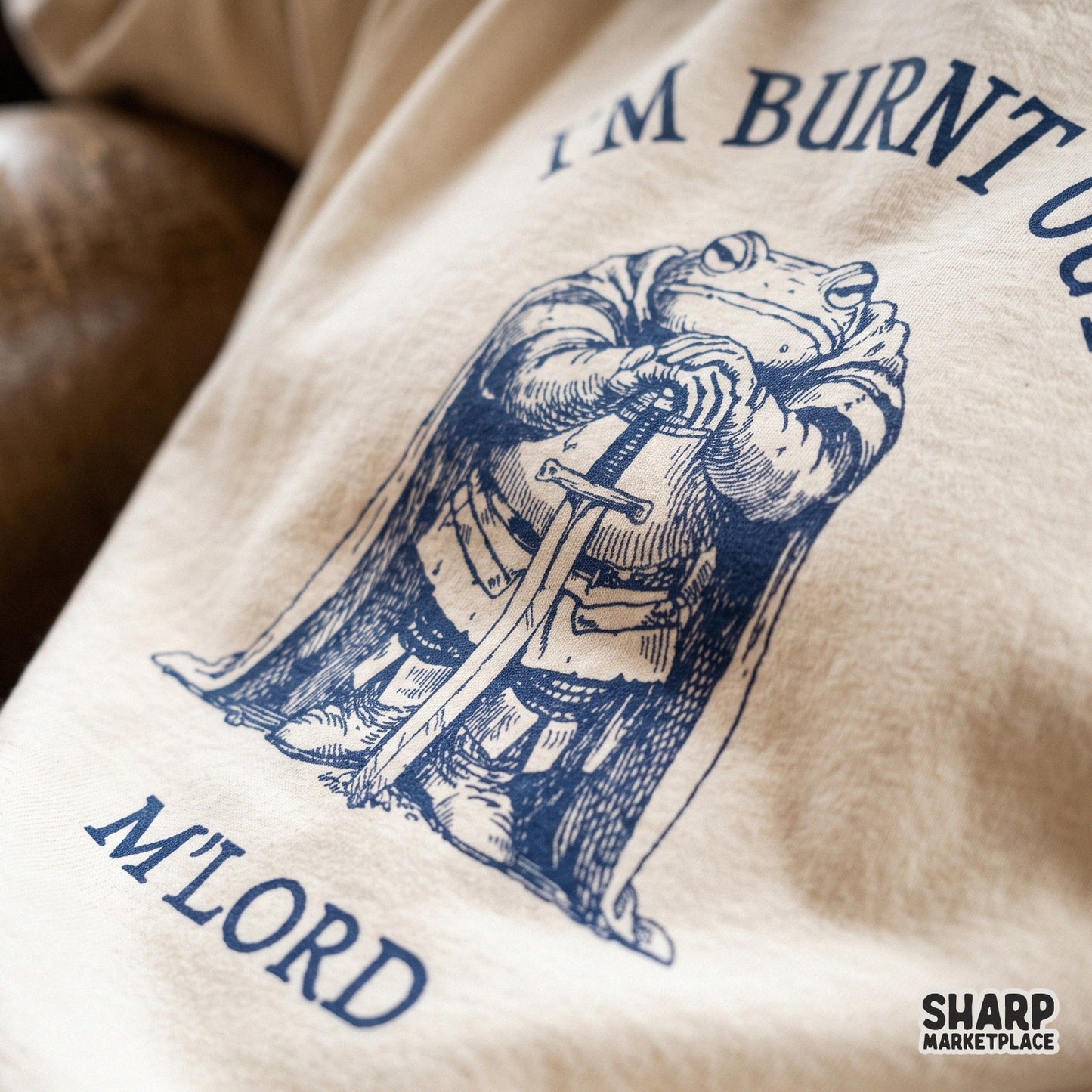 Funny medieval frog knight design with sarcastic burnt out meme text for retro sublimation t-shirts and apparel