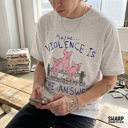 Digital design featuring three cartoon pigs on a fence with the quote Maybe Violence Is The Answer in blue, perfect for sublimation and DTF shirt printing.