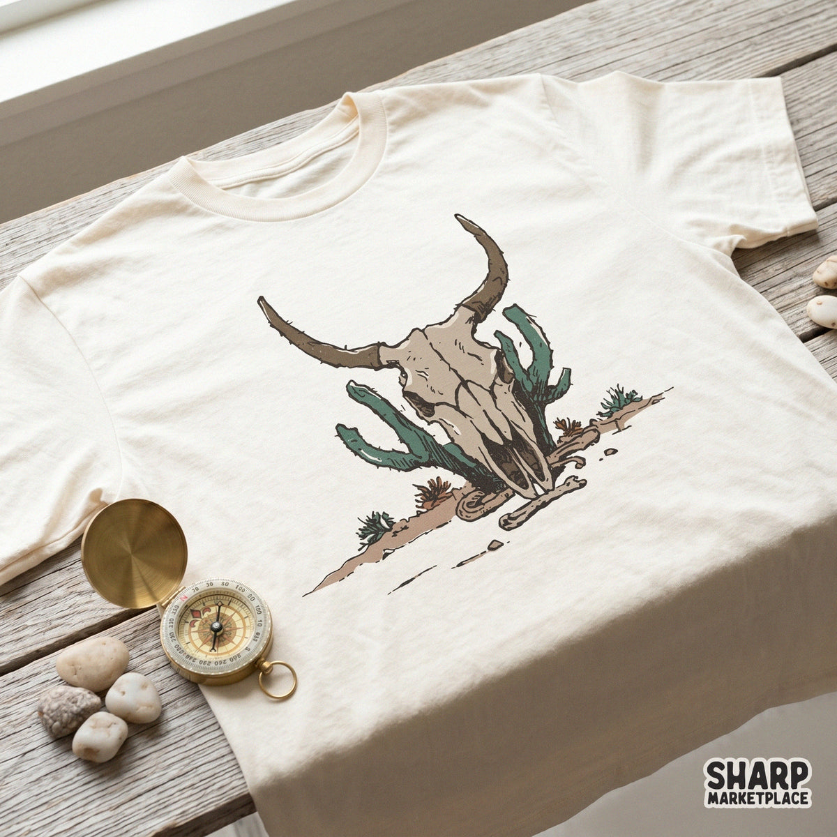 Vintage-style southwest longhorn skull graphic with desert cactus, ideal for creating custom graphic tees, stickers, and western-themed apparel.