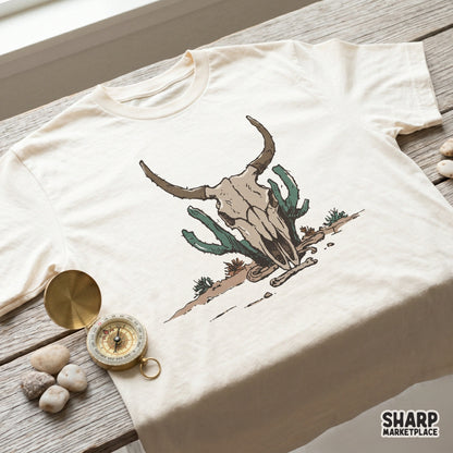 Vintage-style southwest longhorn skull graphic with desert cactus, ideal for creating custom graphic tees, stickers, and western-themed apparel.