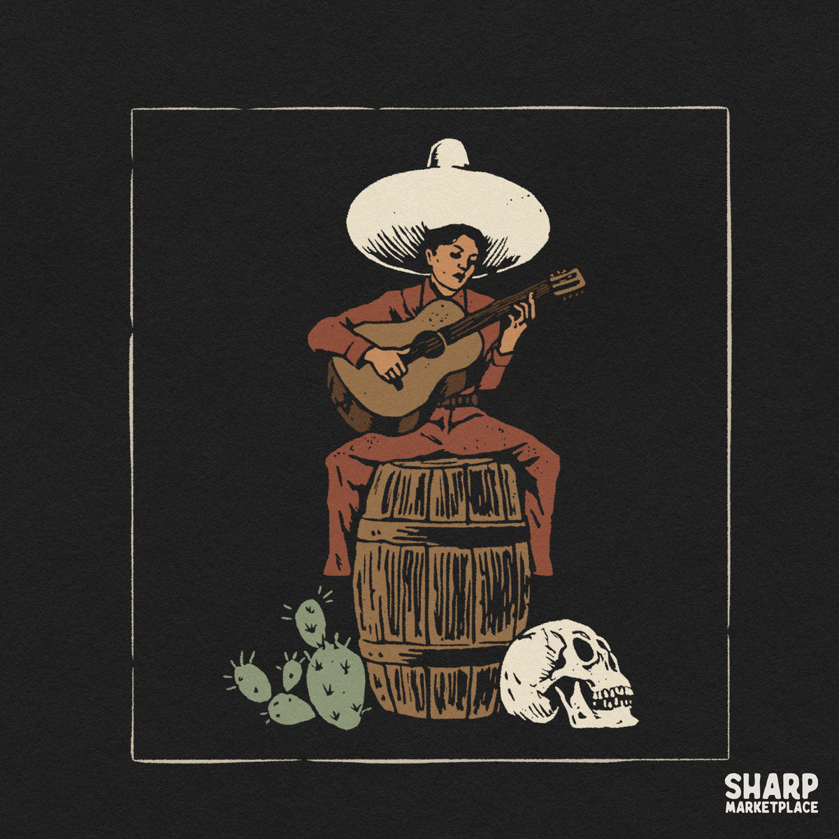 Vintage Mexican cowgirl playing guitar in the desert, retro Western PNG graphic for country music shirt prints