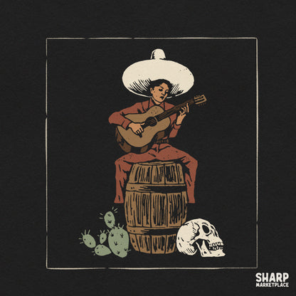 Vintage Mexican cowgirl playing guitar in the desert, retro Western PNG graphic for country music shirt prints