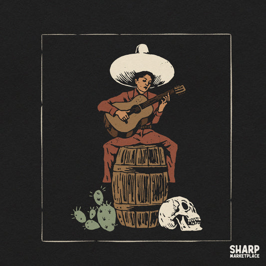 Vintage Mexican cowgirl playing guitar in the desert, retro Western PNG graphic for country music shirt prints