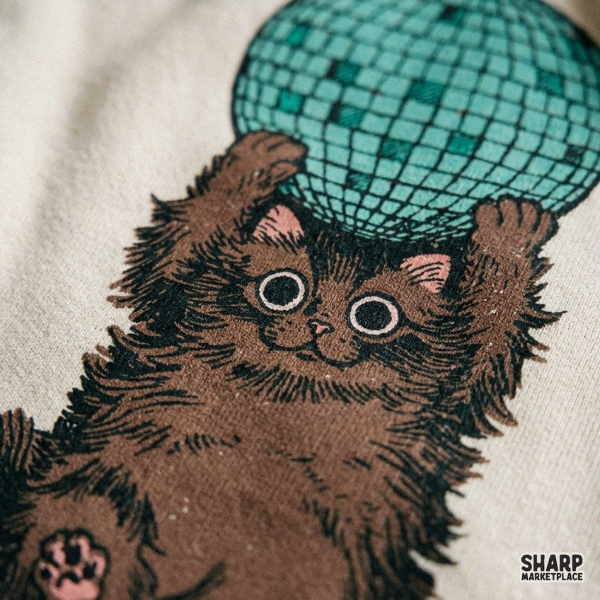 Fluffy Brown Cat On Disco Ball Trendy Png, Funky Kitten