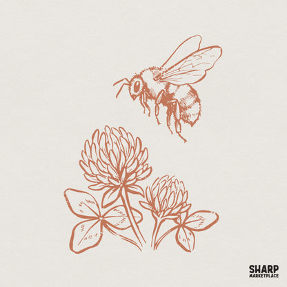 Bee And Clover PNG, Botanical Wildflower Digital Design - 300 DPI Design