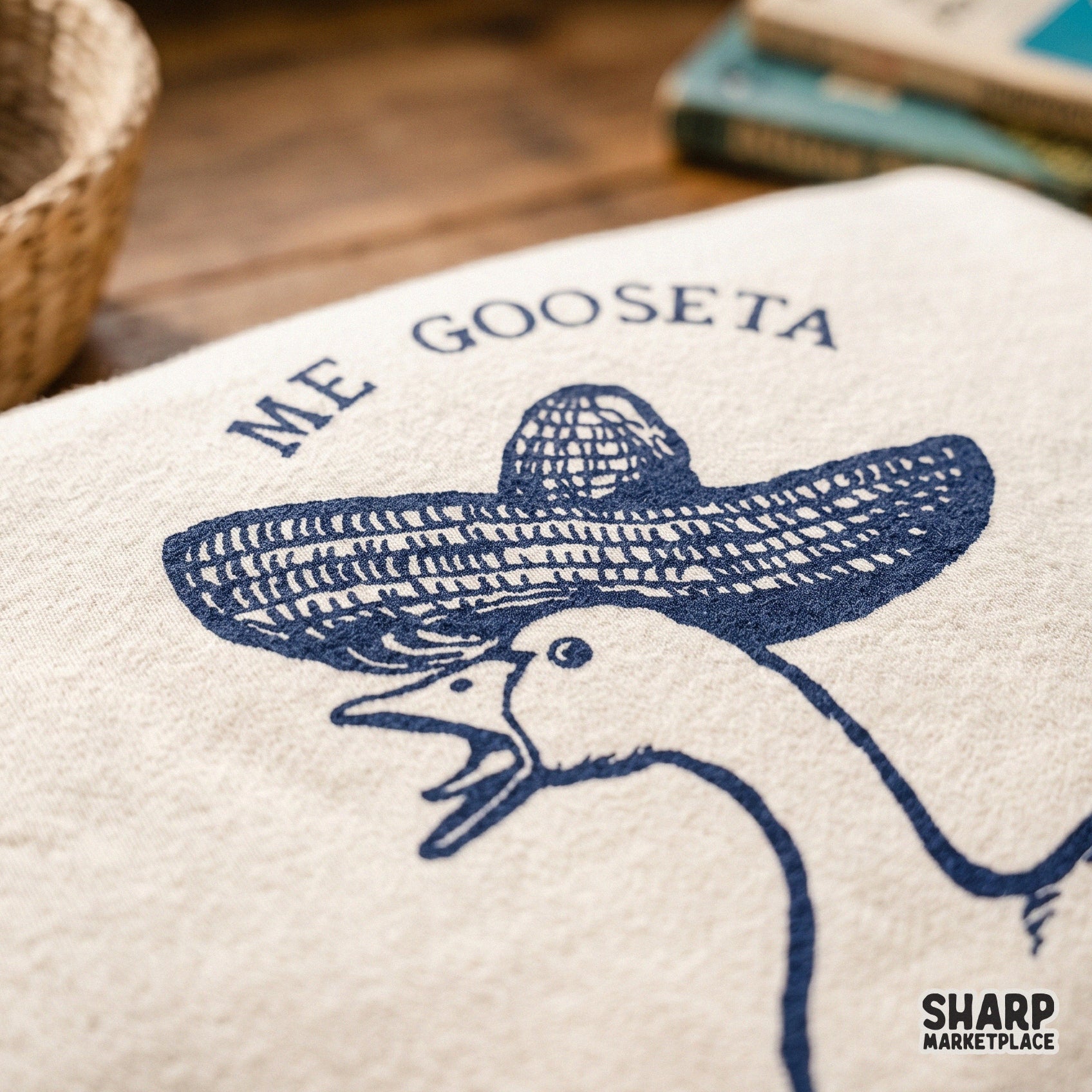 Funny goose wearing a sombrero with Me Gooseta Mexican pun sublimation design for retro summer shirts and digital downloads