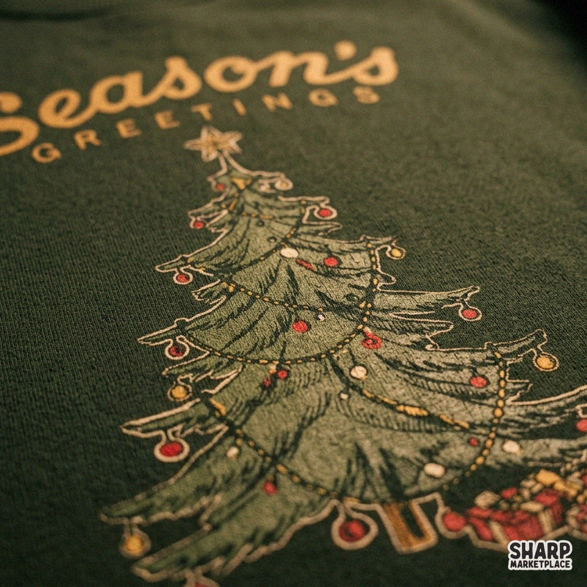 Retro Christmas tree PNG design with star topper and gift boxes for festive shirts and holiday sublimation projects