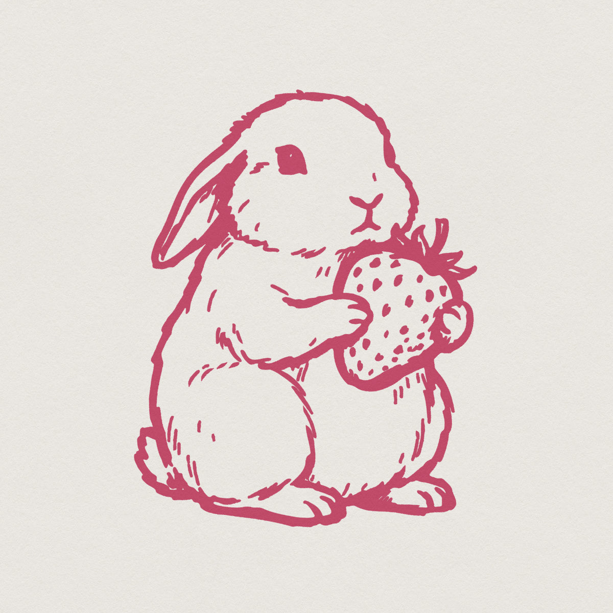 Hand-drawn monochromatic pink illustration of a cute sitting bunny holding a strawberry, perfect for kawaii youth shirts, stickers, and nursery decor.